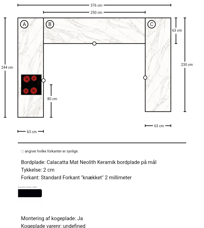 Calacatta Mat Neolith Keramik bordplade på mål