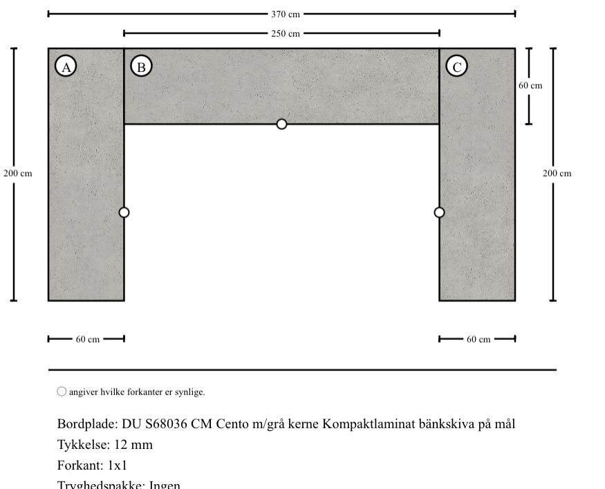 DU S68036 CM Cento m/grå kerne Kompaktlaminat bänkskiva på mål